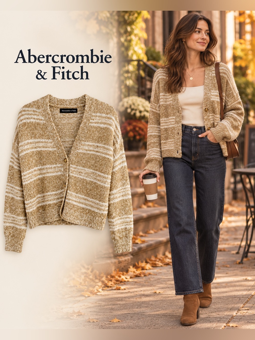 Abercrombie & Fitch Beige and White Striped Button-Front Cardigan